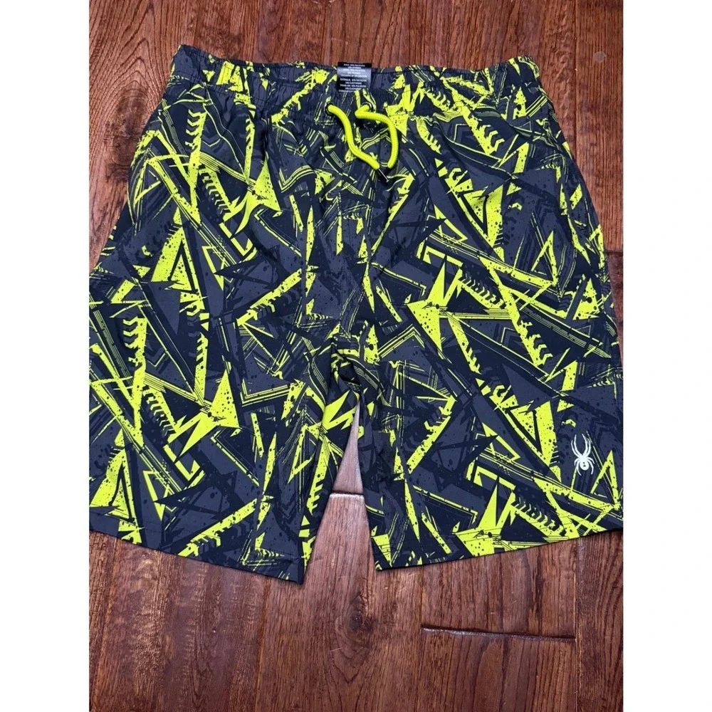 Spyder Boys Neon Yellow Grey Geometric Board Shorts‎ Swim Trunks Size L 14/16